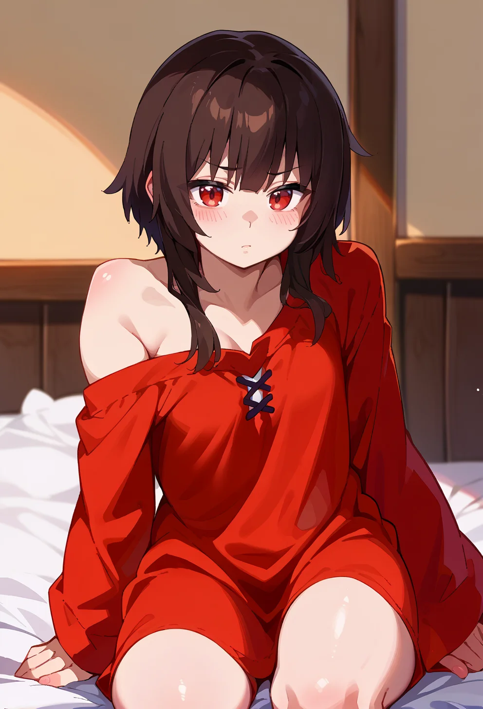 score_9, score_7_up, source_anime, BREAK <lora:AEFeguimel:1> <lora:AEMegumin:1> AEMegumindef, red eyes, Brown hair, red shirt, oversized shirt, off shoulder, on bed, light blush, short hair, sidelocks,