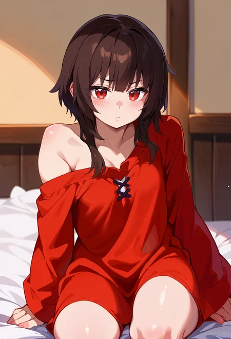 score_9, score_7_up, source_anime, BREAK <lora:AEFeguimel:1> <lora:AEMegumin:1> AEMegumindef, red eyes, Brown hair, red shirt, oversized shirt, off shoulder, on bed, light blush, short hair, sidelocks,