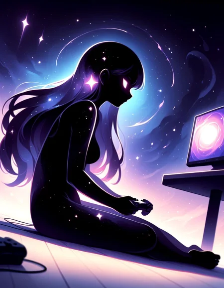 score_9,score_8_up,score_7_up,   <lora:Navi_Celestial_Skin_PonyXL:1.1> nv-celestialskin  ,   colored skin,  void cosmic body, deep black skin, silhouette, nebula, faceless female, long hair,   multicolored eyes, 
solo,  facing the screen, playing games,  controller,  sitting , on floor, dutch angle, neon light  screen  , monitor,  wariza,  from side,