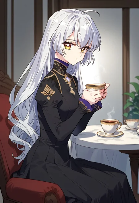 zPDXL3, score_9_up, score_8_up, score_7_up, (Anime_source), 1girl, Aristia, amber eyes, white hair, long hair, black dress, sitting on chair, table, tea, holding cup tea, looking at viewer, from side, cowboy shot