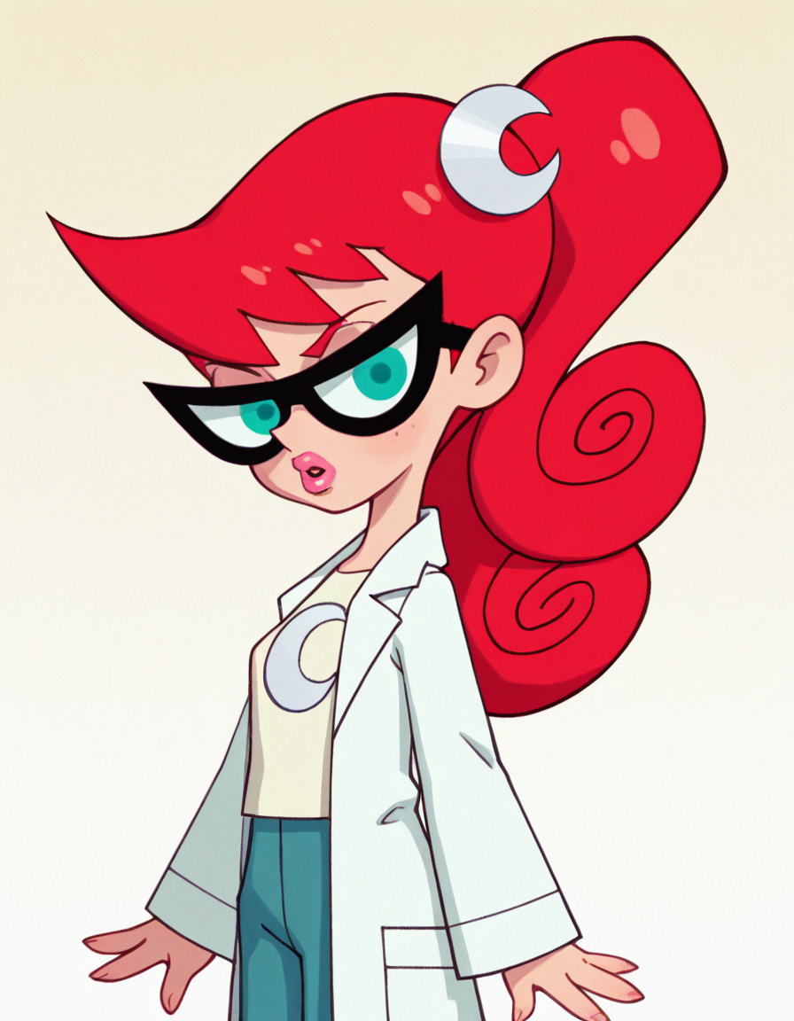 marytest, glasses, 1girl, red hair, ponytail, solo, long hair, hair ornament,crescent,  aqua eyes, labcoat, curly hair, lips, lipstick, t-shirt, looking at viewer, masterpiece, best quality, amazing quality, very aesthetic, absurdres <lora:MaryTestIllustrious1.0JLFO-000017:0.8> simple background,cowboy shot,riz