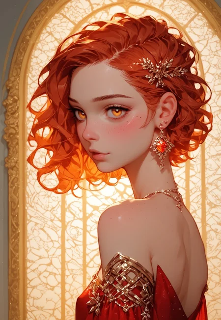 score_9, score_8_up, score_7_up, score_6_up, score_5_up, score_4_up, Expressiveh, g0th1c, human female, short, small, petite body, slender, small perky breasts, aesthetic face, shoulder length red hair, glowing amber eyes, round eyes, very small nose, big ears, small lips, small mouth, small head, freckles, round ears, ashen skin, cheeky smile, dedicated face, enthusiastic face, lopsided smile, beautiful, very revealing red dress, silk dress, deep cleavage, sitting on gold divan, background is luxurious brothel room, decorated background, artistic brackground, background dominant colour is red, white and gold, decorated window, alone, close up, from behind, looking back