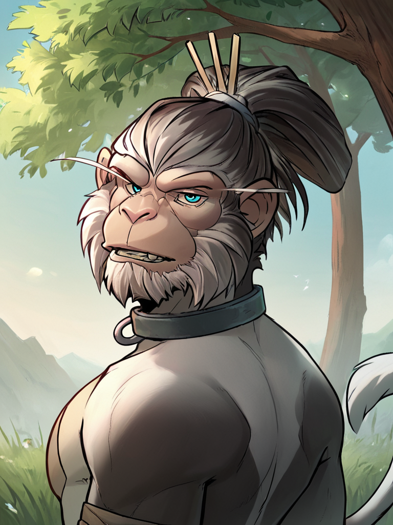 <lora:XingyunHouPony1.0:0.8> xingyun hou, 1boy, hair stick, grey fur, beard, furry male, tail, white hair, blue eyes,upper body,  monkey ears, collar, sash,outdoors,standing,,  outdoors, tree,  looking at viewer, score_9, score_8_up, score_7_up, score_6_up, score_5_up, score_4_up  zPDXL