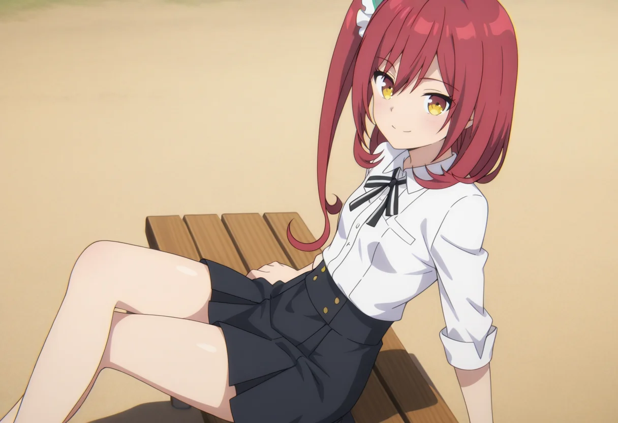 Rosetti Pricket, 1girl, solo, long hair, red hair, hair between eyes, hair ornament, hair scrunchie, white scrunchie, one side up, side ponytail, flipped hair, yellow eyes, small breasts, school uniform, white shirt, neck ribbon, black ribbon, black skirt, sitting on wooden bench, smile, looking at viewer, light blush
BREAK
outside
BREAK
anime screencap, anime coloring, anime colored background, detailed background, detailed face, shiny skin, shiny hair, absurdes, highres, dynamic pose, masterpiece, best quality, official art, cel shaded, graphic illustration, digital painting, CGI, very detailed, amazing quality, intricate details, dynamic pose, HDR, UHD, 8K, Fineline illustration, Highly detailed, ultra-fine painting, sharp focus, Professional, Vivid Colors <lora:rosetti_pricket-05:1> <lora:add-detail-xl:1> <lora:DetailedEyes_V3:1>