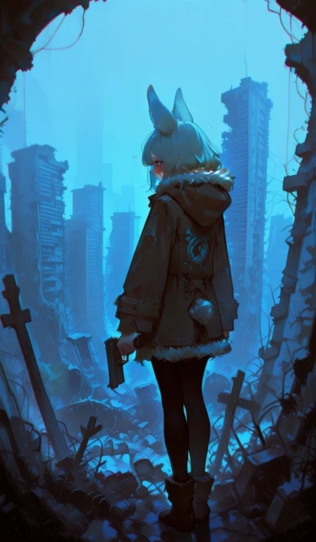 masterpiece, best quality, very aesthetic, dynamic composition, sketch, , elin,embarrassed expression,Standing, 1girl, ruins, solo, chromatic aberration, building, from behind, fur trim, outdoors, standing, post-apocalypse, jacket, holding, overgrown, rubble, coat, gun, facing away, pantyhose, hood, hood down, city, long sleeves, weapon, blue theme, holding gun