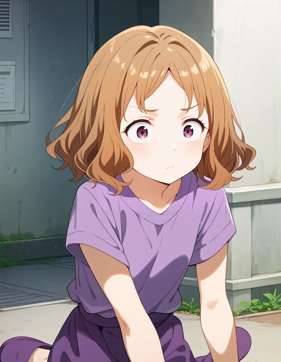 score_9, score_8_up, score_7_up, score_6_up, souce_anime, BREAK masterpiece:0.8, best quality,high quality:0.5, very aesthetic, absurdres, 1girl, upper body, amanatsu sensei, brown hair, purple eyes, short hair, parted bangs, purple shirt, short sleeves, purple skirt, purple pantyhose, purple slippers <lora:amanatsu_sensei_ponyDiffusionV6XL_Lion_:1>, wide eyed,