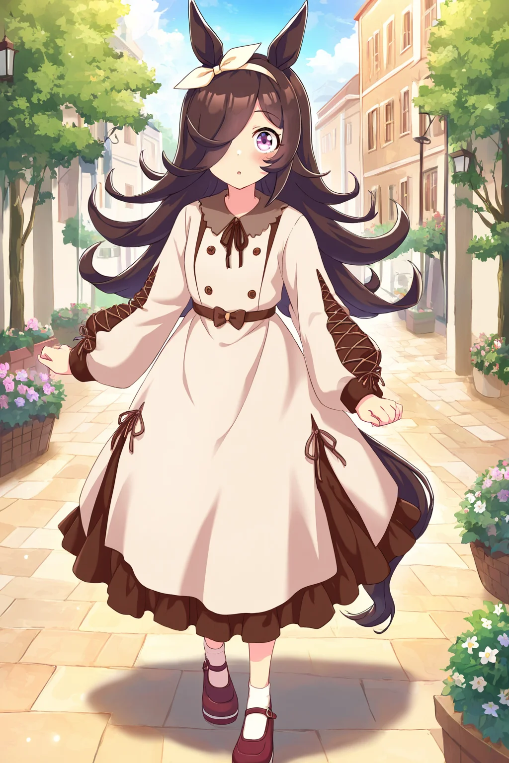 masterpiece,best quality,very aesthetic,absurdres,highres,newest,official art,official style,
1girl,solo,
rcs casual,rice shower (umamusume),
animal ears,bangs,blush,bow,brown dress,brown hair,brown ribbon,
casual,collared dress,dress,eyebrows visible through hair,frilled dress,
frills,hair bow,hair over one eye,hair ribbon,hairband,horse ears,horse girl,horse tail,
long hair,long sleeves,puffy long sleeves,puffy sleeves,ribbon,tail,violet eyes,white hairband,
standing,full body,
<lora:umamusume_rice_shower_ill_v1.0:1>,