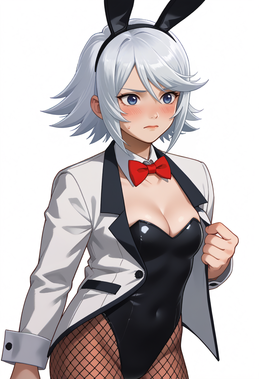 score_9, score_8_up, score_7_up, source_anime, 1girl, solo, blush, embarrassed
<lora:zs_FEWarriorsPortraitsXL:1> fewarriorsportraits, portrait, white background
 <lora:RaineToS-pdxl:1> bnyRne, white hair, short hair, blue eyes, playboy bunny, red bowtie, detached collar, cleavage, black leotard, white jacket, long sleeves, fishnets, brown pantyhose,