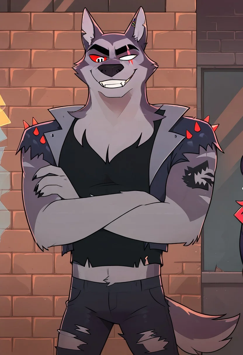 SCORE_9, SCORE_8_UP, SOURCE_ANIME, REALISTIC, BREAK, 1MALE, TEX, FACE FOCUS, FROM BELOW, LOOKING DOWN, CLOSE UP, PORTRAIT, FRONT VIEW, FURRY, GREY FUR, (SCAR ACROSS EYE), (BLANK GLASS EYE), RIGHT EYE SILVER, RIGHT RED SCLERA, EAR SLITS, TANK TOP, SPIKED LEATHER VEST, BLACK VEST, RIPPED JEANS, WOLF TAIL, ARM TATTOO, LAUGHING, GRIN, FANGS, CROSSED ARMS, BREAK, DARK CITY, ALLYWAY, BRICK WALLS, HIGH RESOLUTION, VIVD TEXTURES