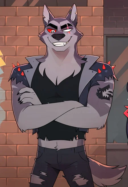 SCORE_9, SCORE_8_UP, SOURCE_ANIME, REALISTIC, BREAK, 1MALE, TEX, FACE FOCUS, FROM BELOW, LOOKING DOWN, CLOSE UP, PORTRAIT, FRONT VIEW, FURRY, GREY FUR, (SCAR ACROSS EYE), (BLANK GLASS EYE), RIGHT EYE SILVER, RIGHT RED SCLERA, EAR SLITS, TANK TOP, SPIKED LEATHER VEST, BLACK VEST, RIPPED JEANS, WOLF TAIL, ARM TATTOO, LAUGHING, GRIN, FANGS, CROSSED ARMS, BREAK, DARK CITY, ALLYWAY, BRICK WALLS, HIGH RESOLUTION, VIVD TEXTURES