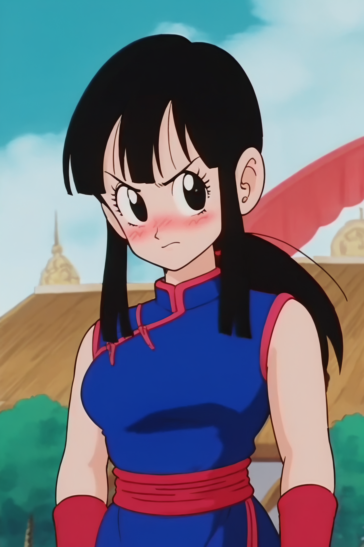 source_anime, score_9, score_8_up, score_7_up, anime screencap,8k, absurdres, 
chi-chi, 1girl, solo, long hair, breasts, looking at viewer, blush, bangs, black hair, medium breasts, upper body, ponytail, sidelocks, outdoors, sky, sleeveless, day, cloud, red sash, black eyes, blue sky, bare arms, eyelashes, sleeveless dress, blue dress, chinese clothes, cloudy sky, china dress, (raised eyebrows), world martial arts tournament arena, mountain, blush, 
 <lora:chichi_pony_v1:0.8>