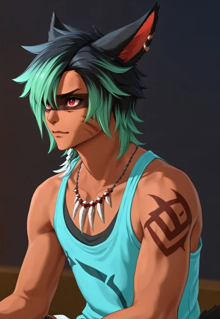 masterpiece, best quality, KrhisT1A,1boy, male focus, solo, red eyes, slit pupils, green hair, two tone hair, multicolored hair, black hair, bangs, dyed bangs, teal hair, facepaint, facial mark, whisker markings, miqo'te, cat ears, animal ears, dark skin, tan skinned male, bare shoulders, tank top, green shirt, jewelry, necklace, earrings, profile,