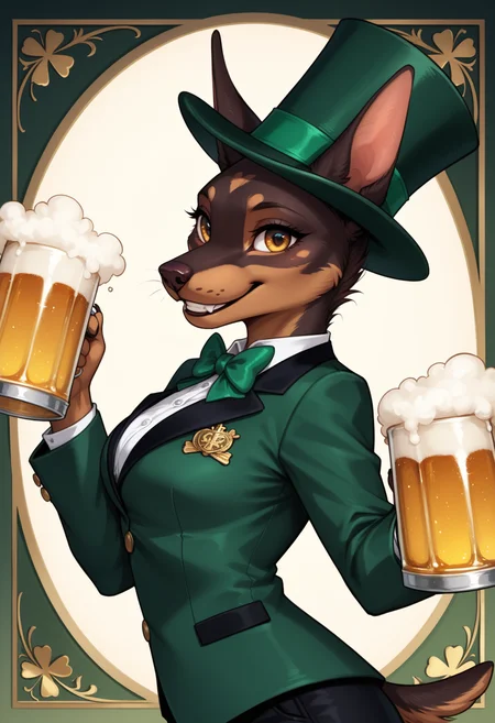 score_9, score_8_up, score_7_up,
source_furry, high quality, perfection, detailed, aesthetic, well-lighted,
1girl, solo, upper body, side view,
(holiday card), (saint patrick's day), four-leaf clover background, gold coins background,  
furry female, anthro, furred body, fluffy fur, beautiful girl, cute girl, young, youthful, beautiful face, beautiful eyes, perfect eyes, detailed eyes,
dobermann girl, medium breasts, (no hair, hairless, bald), yellow eyes,
leprechaun, formal suit, green suit, gold designs, jacket, pants, top hat,
grin, happy, happy expression, holding beer mug, toasting, looking at viewer,