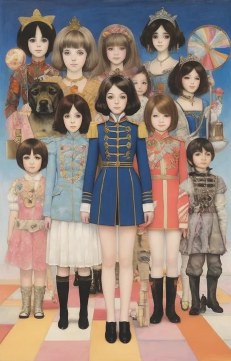 masterpiece,best quality,<lora:tbh284-sdxl:0.9>,illustration,style of Peter Blake portrait of idolmaster cinderella girls,