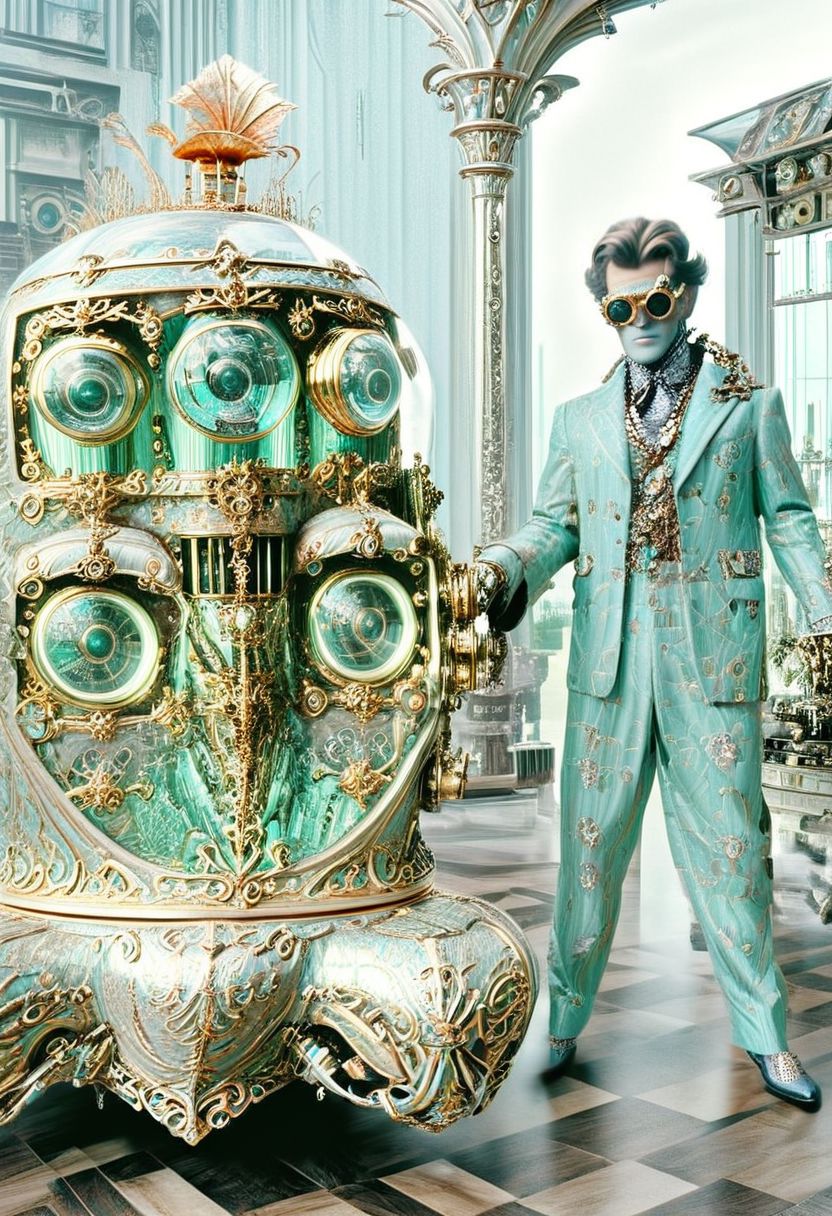 An incredible award winning experimental cinematic still, Three brave men with bell jars for gigantic heads, and huge freakish eyes, wearing delightful stylish jumpsuits by Gucci, posing in front of a stylish futuristic lowrider hoover car with etched uranium glass windows, 1970s science fiction, dramatic cinematic moody lighting, full soft offset printing, psychedelic trip, cursed image, masterpiece, museum quality, Robert Rauschenberg rococo Style, RococoPunkAI