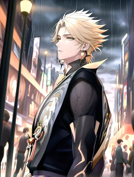 masterpiece,best quality,amazing quality,absurdres,volumetric lighting,very aesthetic,newest,highres,
(solo:1.3),1boy,male,<lora:susanoo_onmyoji-000010:1>,susanoo \(onmyoji\),blonde hair,yellow eyes,male focus,earrings,jewelry,bishounen,spiked hair,
beautiful_detailed_eyes,finely detail,colorful refraction,beautiful,cinematic lighting,<lora:ClearHand-V2:1>,<lora:DetailedEyes_V3:1>,<lora:detailed hand focus style illustriousXL v1:1>,downtown,street,crowd,cityscape,city,road,lamppost,dept,<lora:checkpoint-e18_s378:0.8>,heavy-rain,rain,wet,cloudy,dark,wet clothes,wet hair,<lora:last:0.5>,gyarutomamadesuzo,<lora:GMXLillokrV5311P:0.6>,
