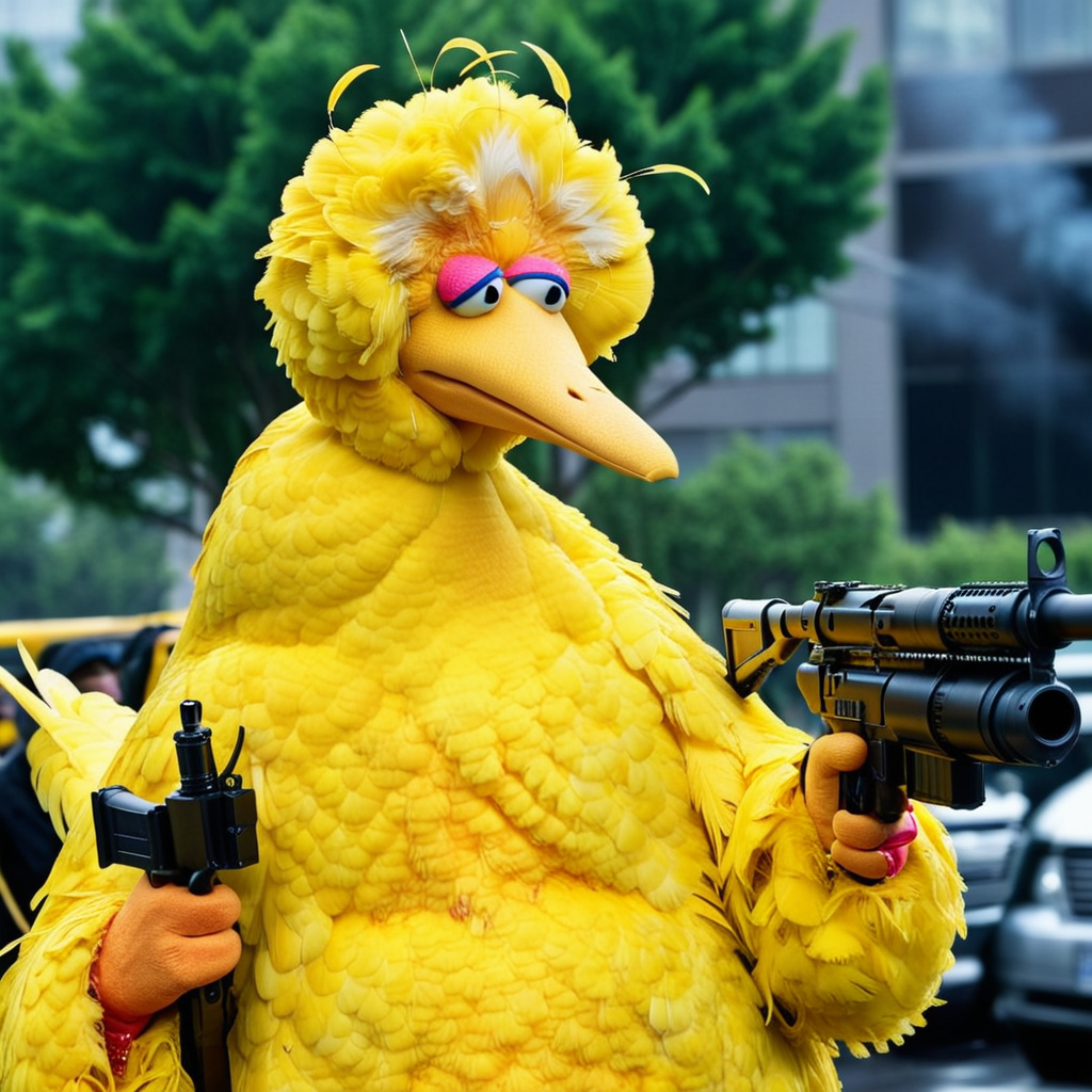 cinematic photo Bigbird1024, a giant yellow bird with weapons, angry, war, blood, apocalypse, fires <lora:Bigbird1024-000255:0.7> . 35mm photograph, film, bokeh, professional, 4k, highly detailed