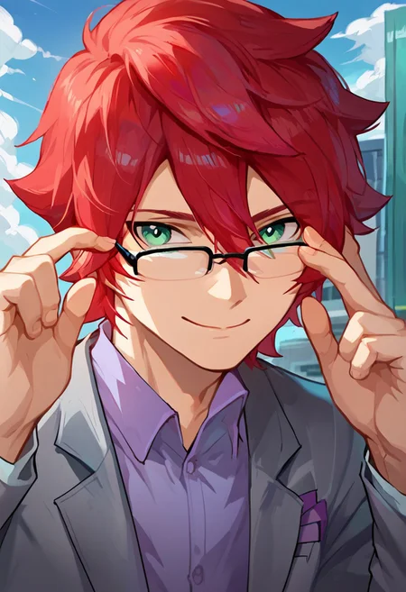 score_9_up, score_8_up, score_7_up, source_anime, extreme detail description, 1boy, solo, hiroto_ie, red hair, green eyes, eyewear, purple shirt, gray coat, white pants, close up, smile, closed mouth, adjusting glasses, outside, sunny, blue skies