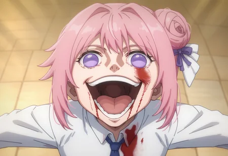 score_9, score_8_up, score_7_up, source_anime,
BREAK
<lora:shigojoenV1:1>, gojoendef, crazy eyes, crazy smile,
looking at viewer, smile, open mouth, upper body, teeth, tongue, blood, outstretched arms, blood on face, blood on clothes,
<lora:Doro_X_PDXL_V1:0.8> doro, creature, :3, chibi, pink hair, purple eyes, hair bun, hair bow, no humans, white skin, four legs, solid circle eyes, no pupils