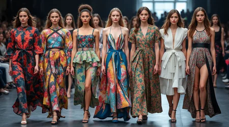 a lineup of top models at a fashion show, full frontal view, fashion editorial photography, high-fashion imagery, avant-garde aesthetics, editorial storytelling, conveying fashion trends and concepts, artistic interpretation, expert styling, professional lighting, capturing fashion-forward visuals, creating visual impact, evoking emotion, pushing creative boundaries