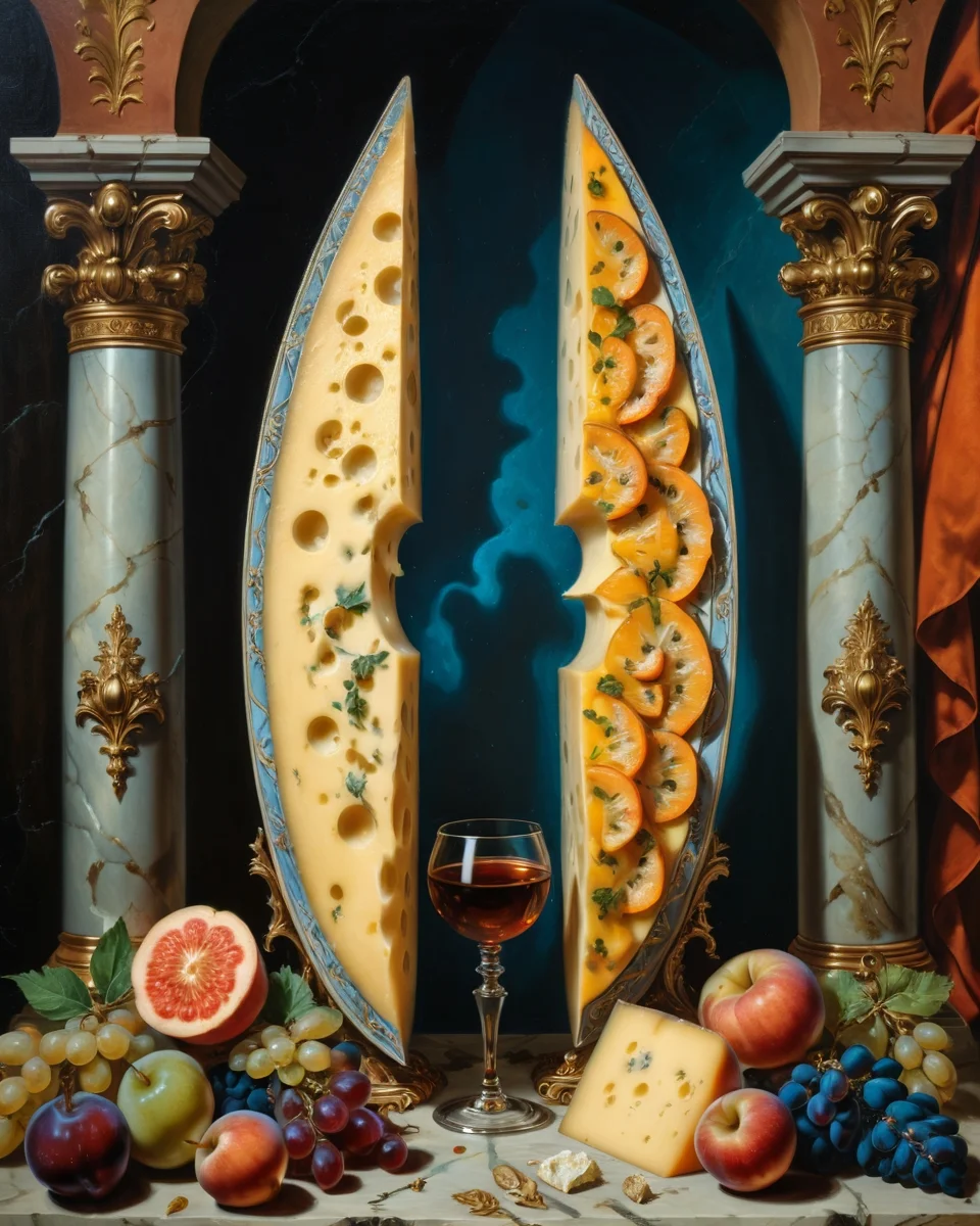 ethereal fantasy concept art of Renaissance style Baroque, Art painting by René Magritte and Tjalf Sparnaay , featured on Piotr Jabłoński,, domain wall orchards, agricultural anomalies producing symmetry breaking cheeses aged in false vacuum cellars,
<lora:iLLMythG0thicL1nes:0.7> G0thicL1nes,
<lora:detailed_notrigger:0.7>
<lora:add-detail-xl:0.7>,
<lora:Chromatic_Taleweaver:0.3> ,
<lora:xl_more_art-full_v1:0.7>,, Baroque art style, dynamic composition, dramatic lighting, rich colors, intricate details, professional-grade execution, captures the grandeur and theatricality of the Baroque period, dramatic, exuberant, grandeur, baroque art, oil painting art style from Renaissance period, masterful composition, Renaissance mood, renaissance oil painting, brush strokes . realistic, perspective, light and shadow, religious or mythological themes, highly detailed, magnificent, celestial, ethereal, painterly, epic, majestic, magical, fantasy art, cover art, dreamy