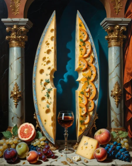 ethereal fantasy concept art of Renaissance style Baroque, Art painting by René Magritte and Tjalf Sparnaay , featured on Piotr Jabłoński,, domain wall orchards, agricultural anomalies producing symmetry breaking cheeses aged in false vacuum cellars,
<lora:iLLMythG0thicL1nes:0.7> G0thicL1nes,
<lora:detailed_notrigger:0.7>
<lora:add-detail-xl:0.7>,
<lora:Chromatic_Taleweaver:0.3> ,
<lora:xl_more_art-full_v1:0.7>,, Baroque art style, dynamic composition, dramatic lighting, rich colors, intricate details, professional-grade execution, captures the grandeur and theatricality of the Baroque period, dramatic, exuberant, grandeur, baroque art, oil painting art style from Renaissance period, masterful composition, Renaissance mood, renaissance oil painting, brush strokes . realistic, perspective, light and shadow, religious or mythological themes, highly detailed, magnificent, celestial, ethereal, painterly, epic, majestic, magical, fantasy art, cover art, dreamy