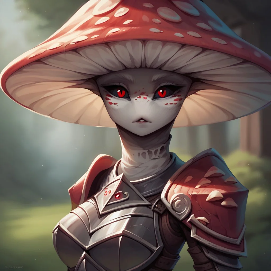 (((detailed, beautiful, high quality))), score_9, score_8_up, score_7_up, upper body,
myconid, anthro mushroom, mushroom cap, black sclera,
1girl, red hat, white spots, gray skin, red eyes, armor,
looking at the viewer, posing, blurred background, blurred fantasy background,