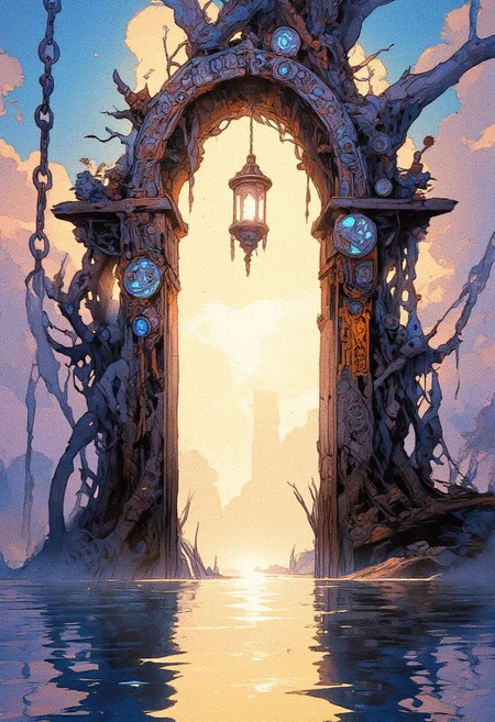 A surreal fantasy scene featuring an elegant, mystical gateway emerging from calm, reflective waters. The gateway is constructed from dark, twisted wood and adorned with intricate silver filigree, delicate hanging ornaments, and glowing blue gemstones embedded in its structure. Suspended at the apex of the arch is an ethereal lantern emitting a soft, radiant light that casts a gentle glow on the surrounding mist. The atmosphere is dreamlike, with a gradient sky blending soft blues, purples, and warm golden hues, creating a sense of divine energy. The water below mirrors the gateway, forming a perfect reflection, subtly distorted by gentle ripples. Chains with ornate geometric links extend from the structure, vanishing into the mist, suggesting an unseen connection to a greater realm. The overall mood is mysterious and enchanting, evoking themes of sacred portals, hidden dimensions, and forgotten magic. The art style is a blend of fantasy realism with soft painterly textures and atmospheric lighting.
,  anime, cyberpunk