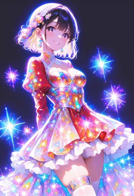 score_9, score_8_up, score_7_up, source_anime, masterpiece, best quality, perfect anatomy, very aesthetic, ((outlined outlined vector graphics)),no norm,
, cute face, (glow eyes:0.8), 1girl,   black background ,
20yo, black hair, black eyes, short bob hair, hair pin,small breast, slender,(white thigh strap:1.1), ,solo, glittering, glowing, simple background,   front view ,  looking at viewer , smile beam, __nomal_mouth__,
, looking at viewer, blush, short hair, bangs, thighhighs, long sleeves, dress, jewelry, medium breasts, cowboy shot, earrings, puffy sleeves, colorful, colorful milkyway outfit, happy, milkyway outfit,,milkyway hair, milkyway eyes , red dress,  walking ,  ,  arms behind back,  <lora:milkyway-outfit-01:1.0>