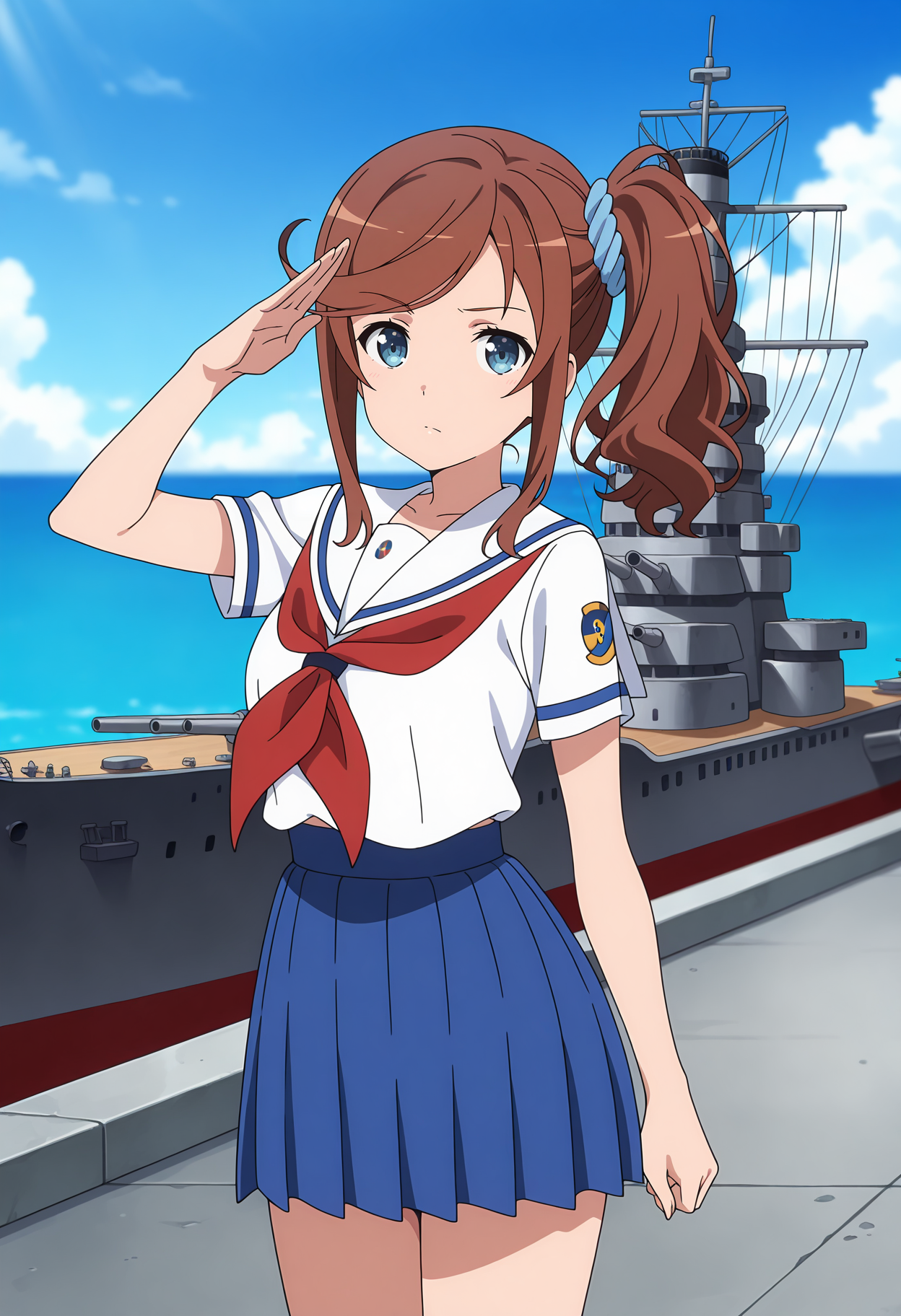 anime screencap, masterpiece, best quality,
<lora:HighSchoolFleet_IseSakura_IlluXL:0.9>,
1girl, solo, serious,
side ponytail, swept bangs, brown hair, blue eyes, hair scrunchie, blue scrunchie,
white sailor collar, white shirt, red neckerchief, short sleeves, pleated skirt, blue skirt,
salute, standing, looking at viewer, cowboy shot,
horizon, dock, outdoors, battleship, warship, blue sky, blurry background