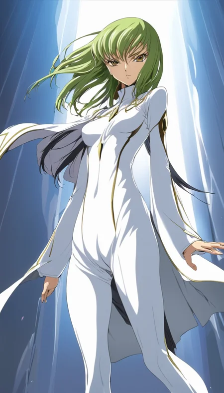 Cinematic scene, hero view, 1girl, C.C., Code Geass, white jumpsuit, high collar, wide sleeves, sleeves past fingers, sleeves past wrists, action pose, detailed background, masterpiece, best quality, high quality, highres, absurdres <lora:cc:1>