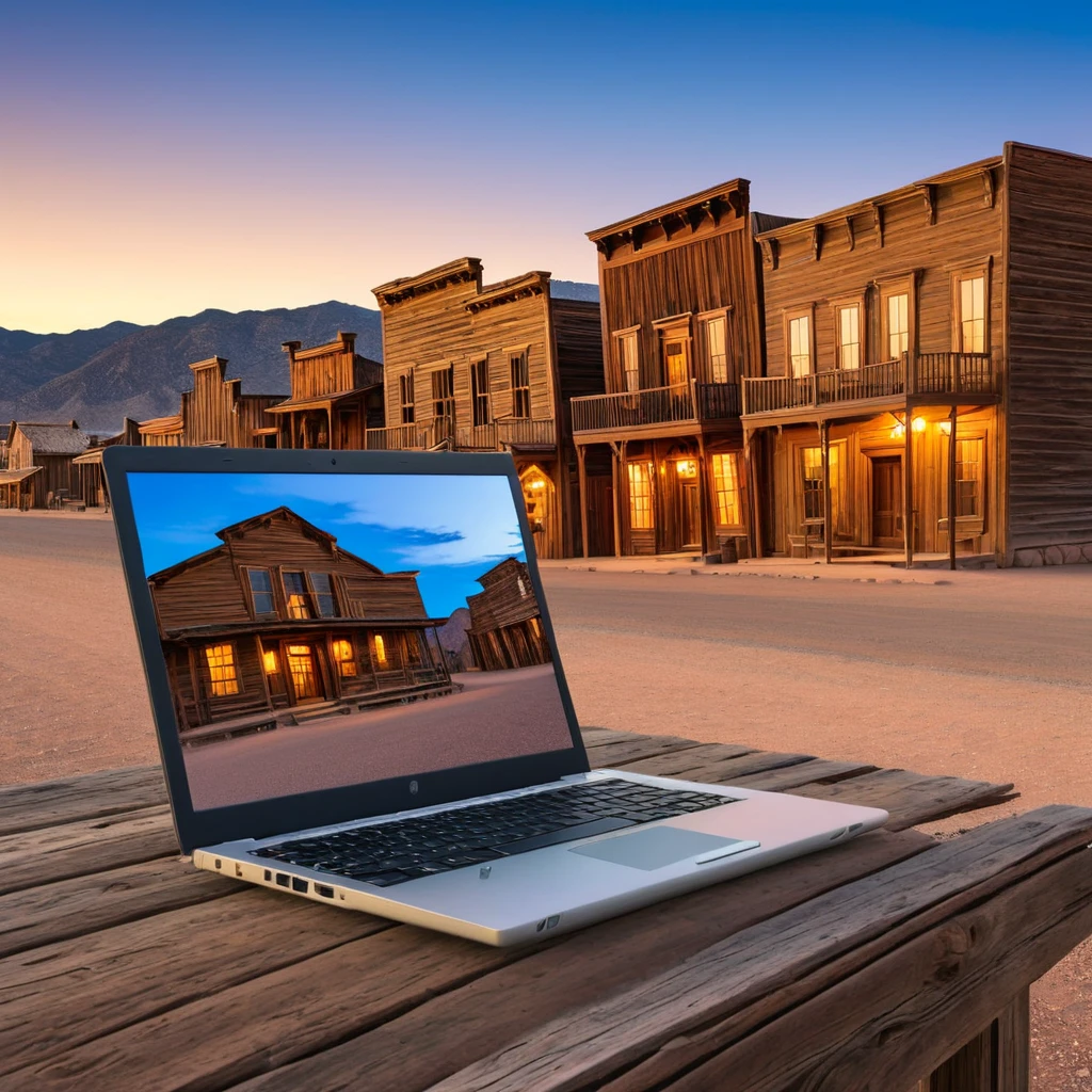 (laptop showcase) <lora:02_laptop_showcase:1.1>
Tan background,
high quality, professional, highres, amazing, dramatic,
(Old western ghost town and dusk:0.5),