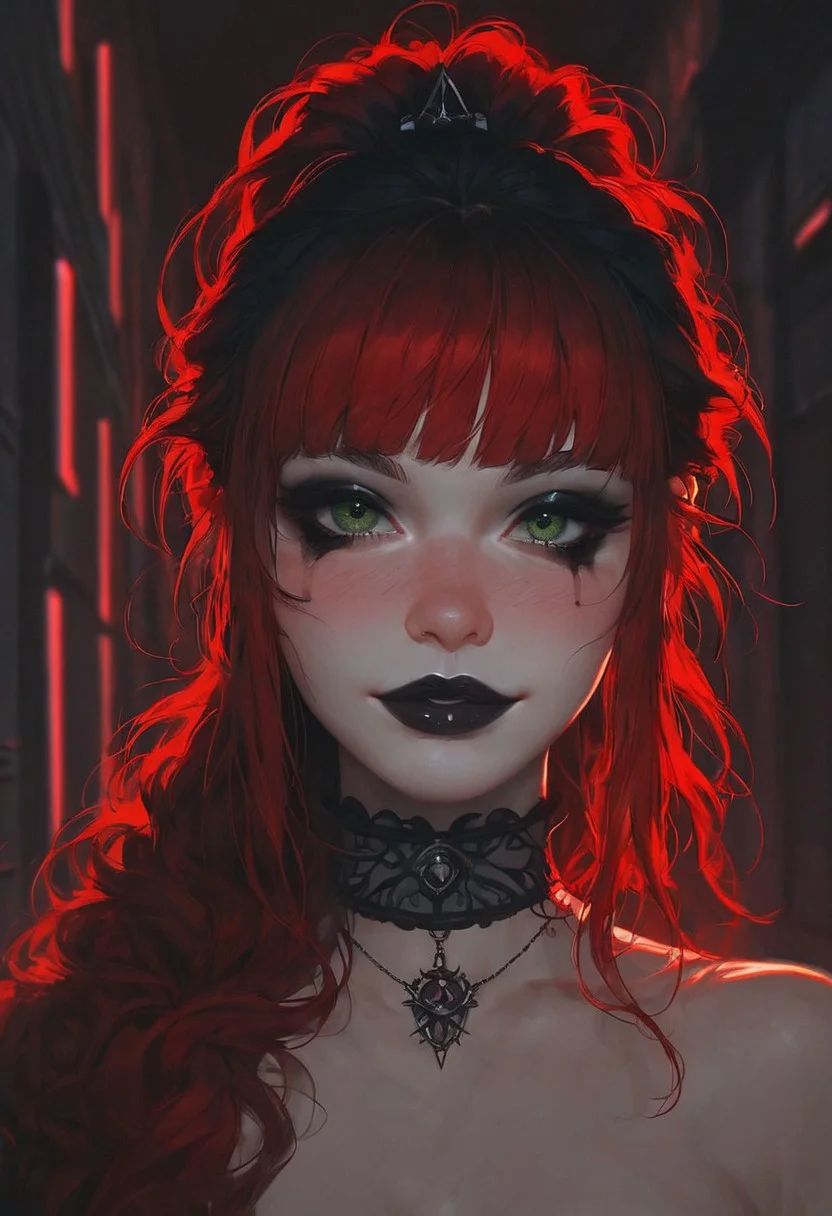 score_9, score_8_up, score_7_up, 1girl, sexy face, ponytail style hair, sexy , cute face , kawai girl, bangs, long red hair, green eyes, nose blush, godrays, goth girl, seductive smile, close up on face, beautiful detailed eyes, beautiful face, highly detailed face, neon lights, hallway, glowing, eye liner, mascara, black lipstick, goth, goth fashion, red hair