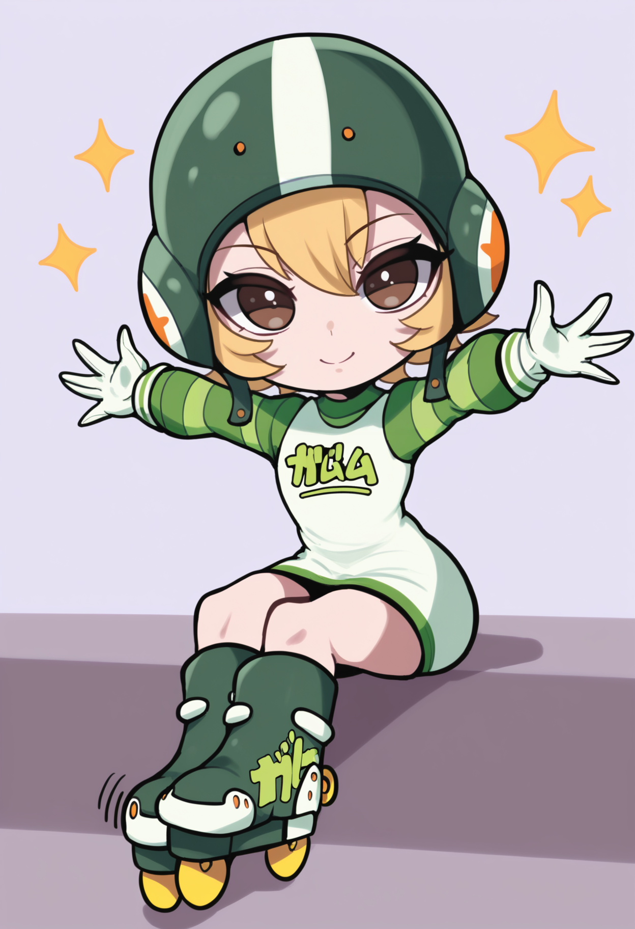 masterpiece, best quality, 1girl, solo, chibi, <lora:NSGumJSR:1> NGGumJSR, short hair, blonde hair, hair between eyes, brown eyes, helmet, short dress, long sleeves, striped sleeves, green sleeves, white dress, clothes writing, roller skates, white gloves, smile, sparkles, spread arms, meme, thick lines, simple background, white background, sitting