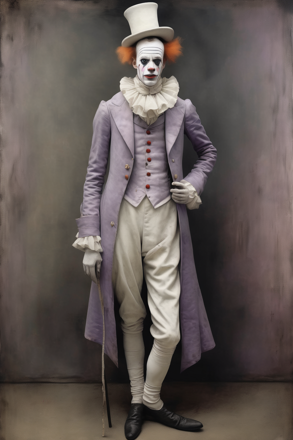 <lora:Santiago Caruso Style:1>Santiago Caruso Style - Full body portrait of an Edwardian clown with a white painted face wearing a long flowing lavender overcoat with large lapels