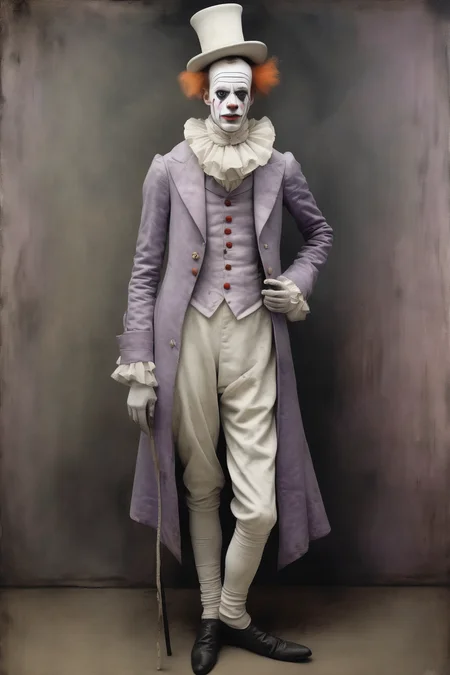 <lora:Santiago Caruso Style:1>Santiago Caruso Style - Full body portrait of an Edwardian clown with a white painted face wearing a long flowing lavender overcoat with large lapels