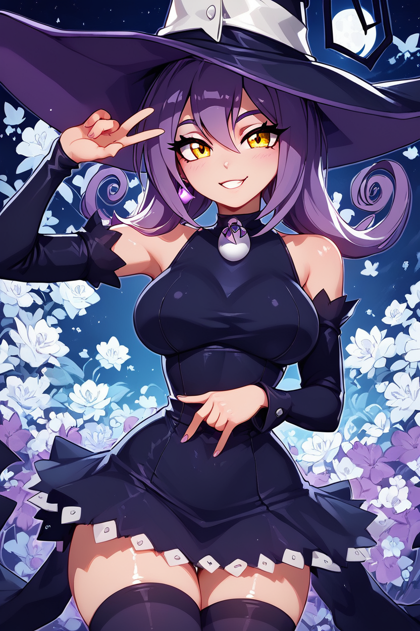 score_9, score_8_up, score_8, big breasts, (curvy), cute, eyelashes,      ,,, zzBlair, 1girl, solo, yellow eyes, purple hair, witch hat, witch, detached sleeves, black short dress, thighhighs, <lora:Blair_SoulEater_PDXL_v1:0.8> ,,, smile, looking at viewer,  moon, dark theme, white outline, cowboy shot,   ,,, shiny skin, <lora:ProAnime_PDXL_v1:0.8>, night garden, flowers, soft shadows, moonlight reflecting off skin, whisper of wind, ,,,  embedding:zPDXL, Expressiveh,  <lora:SDXLFaeTastic2400:0.5>,  <lora:Expressive_H-000001:0.4>,