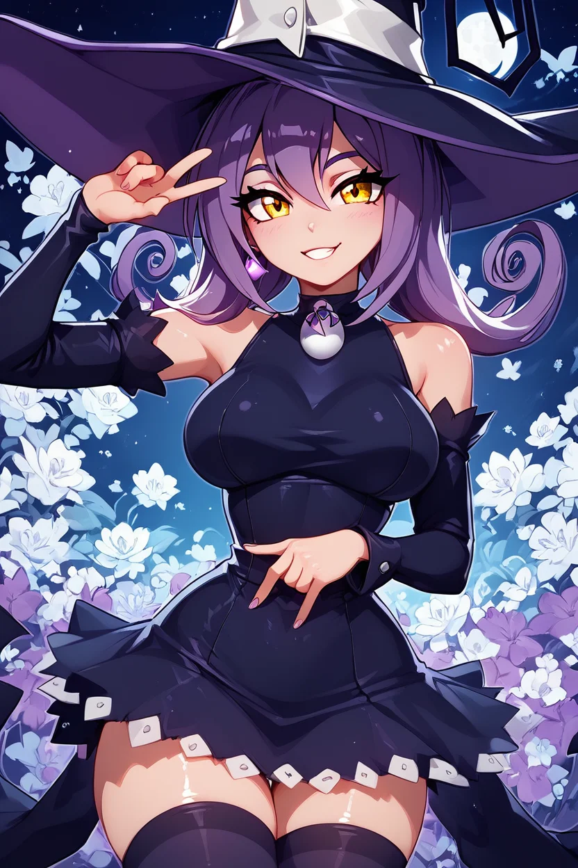 score_9, score_8_up, score_8, big breasts, (curvy), cute, eyelashes, ,,, zzBlair, 1girl, solo, yellow eyes, purple hair, witch hat, witch, detached sleeves, black short dress, thighhighs, <lora:Blair_SoulEater_PDXL_v1:0.8> ,,, smile, looking at viewer, moon, dark theme, white outline, cowboy shot, ,,, shiny skin, <lora:ProAnime_PDXL_v1:0.8>, night garden, flowers, soft shadows, moonlight reflecting off skin, whisper of wind, ,,, embedding:zPDXL, Expressiveh, <lora:SDXLFaeTastic2400:0.5>, <lora:Expressive_H-000001:0.4>,