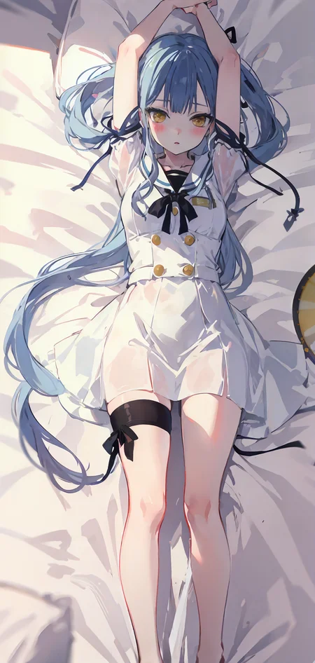 masterpiece,absurdres,lying on bed,
eye_contact,
<lora:char-mygo_丰å·ç¥¥åtogawa_sakiko_bangdreamitsmygo:0.6>,togawa_sakiko_bangdreamitsmygo,人-mygo-mygo_丰å·ç¥¥åtogawa_sakiko_bangdreamitsmygo,
long_hair,bangs,ribbon,hair_ribbon,black_ribbon,white_dress,yellow_eyes,Reach out to viewer,(miniskirt:0.7),sidelocks,blue_hair,
from_above,legs,
blush,parted lips,shy,, masterpiece, best quality,absurdres,1girl,solo,front view,white background,looking_at_viewer,eye contact,