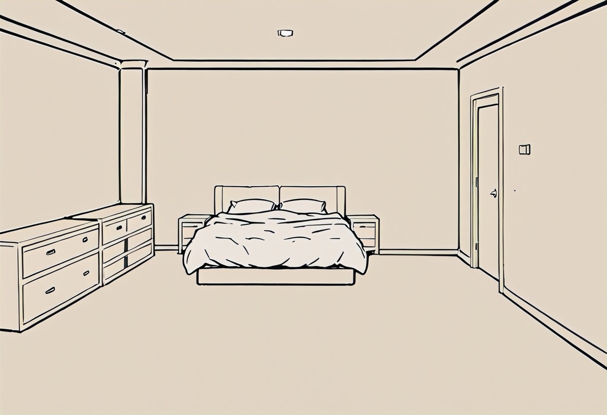 ship's master bedroom with four blank walls, underground, no windows, thick lines, solid walls, clean and tidy, old room, furnished king-size bed, ship bedroom, grunge, anime screencap in vwst artstyle, lineart, flat colors, high-definition 8k, best quality, high quality, ultra-detailed, vector, simple details, outlines