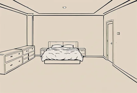 ship's master bedroom with four blank walls, underground, no windows, thick lines, solid walls, clean and tidy, old room, furnished king-size bed, ship bedroom, grunge, anime screencap in vwst artstyle, lineart, flat colors, high-definition 8k, best quality, high quality, ultra-detailed, vector, simple details, outlines