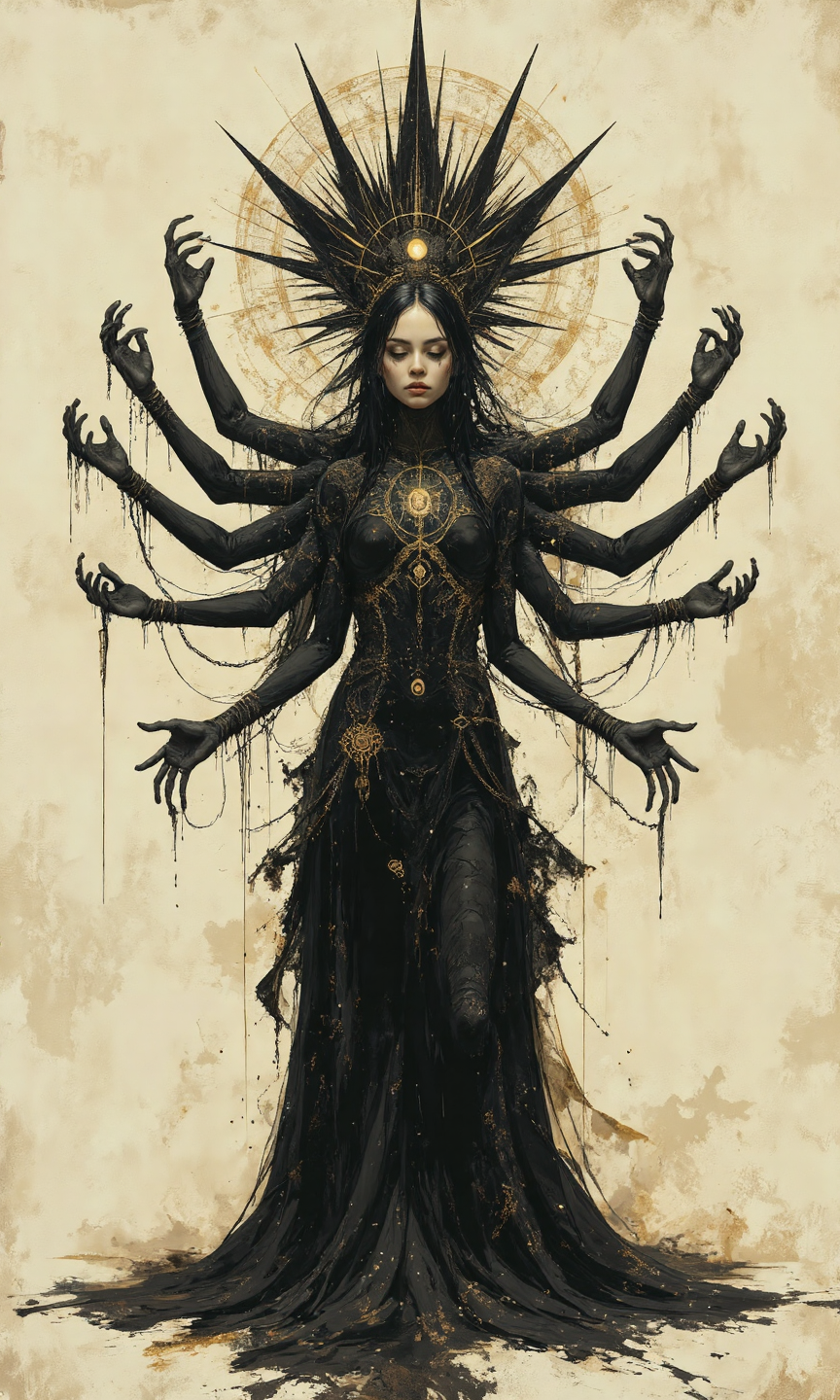 A full shot captures a digital artwork of a multi-armed, goddess-like figure, rendered in a dark, gothic style with a limited color palette dominated by blacks and off-whites, with subtle hints of gold, all against the off-white background. The figure's Body Pose is standing tall and facing the camera directly, with multiple arms extending outwards in various directions, creating a symmetrical and imposing presence, the pose conveys a sense of power and otherworldly authority. The image composition uses sharp lines, intricate details, and a high-contrast style, suggesting a blend of digital painting and illustration techniques. Above the figure's head, a large, black, spiked halo resembling a stylized sunburst is depicted, with a smaller, white halo within it, creating a sense of celestial or divine power, with a small glowing circle on the center of the forehead. The figure's face is partially obscured, with only the lower portion visible, revealing dark skin and closed eyes, and a small symbol just below the inner halo. She appears to have eight arms, extending gracefully. Her hair, or what appears to be hair, is a mass of long, flowing, black tendrils that blend seamlessly into the lower portion of her garment, resembling a long, flowing skirt or robe. She is wearing a form-fitting, black garment that covers her torso and legs, with intricate, lace-like patterns adorning the bodice, sleeves, and portions of the "skirt", with A glowing, golden symbol resembling a stylized sun is positioned on her chest. The background is a plain, off-white surface, with subtle texture and gradients, resembling aged paper or parchment, providing a stark contrast to the dark figure. The lighting appears to be soft and diffused, originating from the front and above, casting subtle shadows and highlights on the figure, emphasizing the textures of the hair, garment, and halo, and highlighting its features., <lora:FLUX-daubrez-DB4RZ-v2:0.35> DB4RZ, DB4RZ style painting
<lora:ILLUSTRATION (FLUX) - V3.1:0.35> illustranion