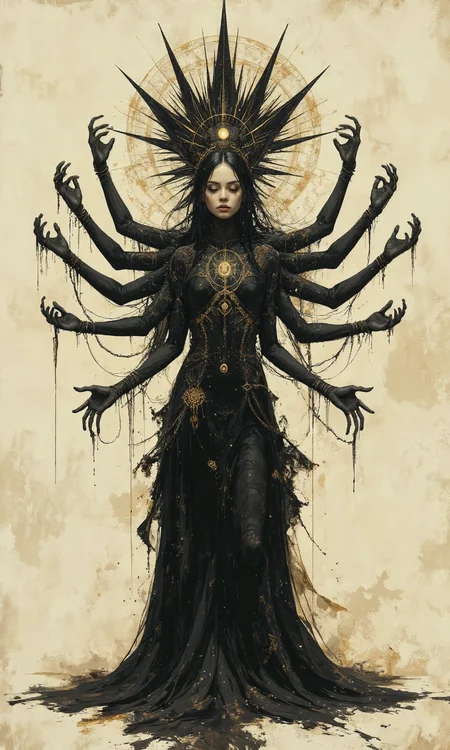 A full shot captures a digital artwork of a multi-armed, goddess-like figure, rendered in a dark, gothic style with a limited color palette dominated by blacks and off-whites, with subtle hints of gold, all against the off-white background. The figure's Body Pose is standing tall and facing the camera directly, with multiple arms extending outwards in various directions, creating a symmetrical and imposing presence, the pose conveys a sense of power and otherworldly authority. The image composition uses sharp lines, intricate details, and a high-contrast style, suggesting a blend of digital painting and illustration techniques. Above the figure's head, a large, black, spiked halo resembling a stylized sunburst is depicted, with a smaller, white halo within it, creating a sense of celestial or divine power, with a small glowing circle on the center of the forehead. The figure's face is partially obscured, with only the lower portion visible, revealing dark skin and closed eyes, and a small symbol just below the inner halo. She appears to have eight arms, extending gracefully. Her hair, or what appears to be hair, is a mass of long, flowing, black tendrils that blend seamlessly into the lower portion of her garment, resembling a long, flowing skirt or robe. She is wearing a form-fitting, black garment that covers her torso and legs, with intricate, lace-like patterns adorning the bodice, sleeves, and portions of the "skirt", with A glowing, golden symbol resembling a stylized sun is positioned on her chest. The background is a plain, off-white surface, with subtle texture and gradients, resembling aged paper or parchment, providing a stark contrast to the dark figure. The lighting appears to be soft and diffused, originating from the front and above, casting subtle shadows and highlights on the figure, emphasizing the textures of the hair, garment, and halo, and highlighting its features., <lora:FLUX-daubrez-DB4RZ-v2:0.35> DB4RZ, DB4RZ style painting
<lora:ILLUSTRATION (FLUX) - V3.1:0.35> illustranion