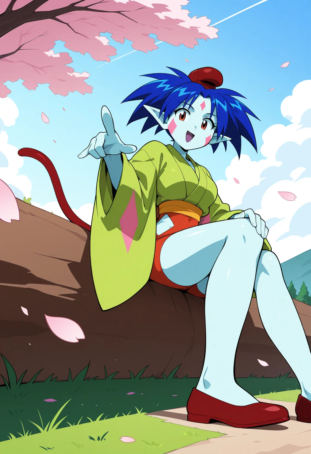 ponko, 1girl, solo, breasts, short hair, long sleeves, blue hair, green japanese clothes, pointy ears, wide sleeves, colored skin, clothing cutout, tail, facial mark, red footwear, red headwear, red eyes, 1990s, retro artstyle
BREAK
sitting hands on knee, happy
BREAK
outside, cherry blossoms, blue sky, grass
BREAK
masterpiece,best quality,absurdres,very aesthetic,perspective, <lora:ponko_IL_Lora_v1:1>