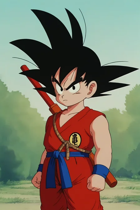 source_anime, score_9, score_8_up, score_7_up, anime screencap,8k, absurd res, 
son goku, solo, looking at viewer, blue sky, black hair, 1boy, grass, closed mouth, collarbone, tail, male focus, black eyes, sash, frown, spiked hair, blue wristband, clenched hand, rope, clothes writing, clenched hands, serious, dougi, print topwear, red topwear, red pants, weapon on back, monkey tail, blue sash, cowboy shot, fingernails, v-shaped eyebrows, v-shaped eyes, nyoibo, male child, symbol, sleeveless <lora:gokudb_pony_v3:0.8>
