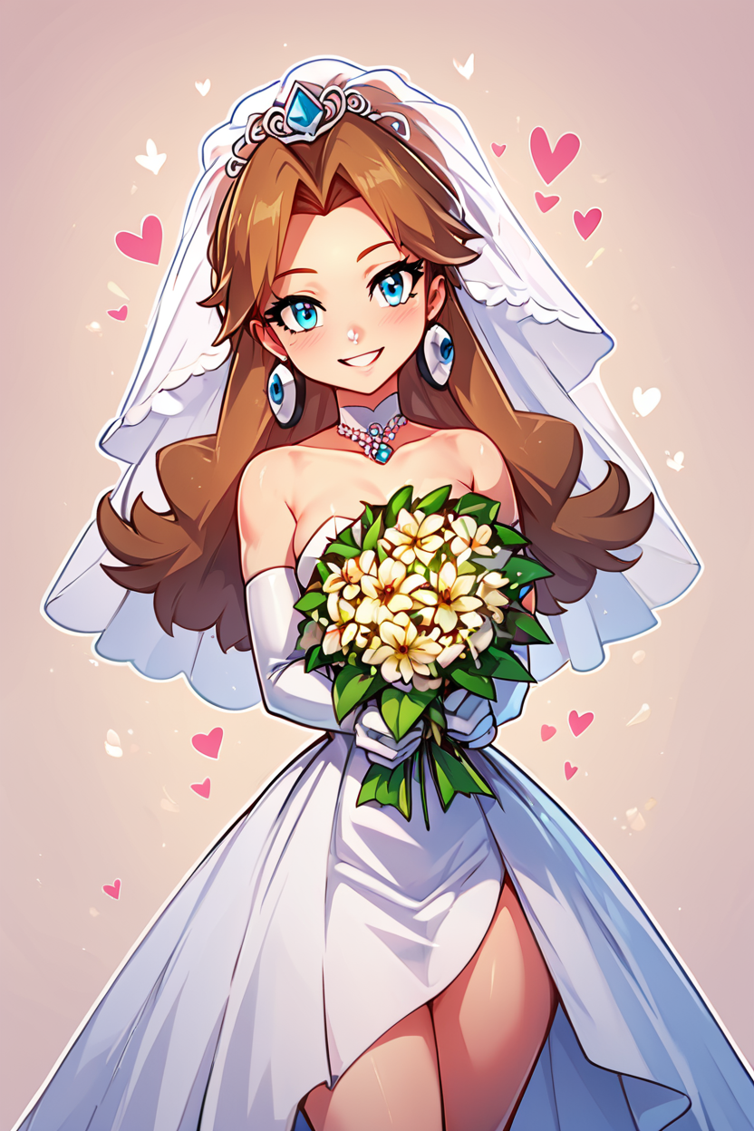 score_9, score_8_up, score_8, medium breasts, (curvy), cute, eyelashes,       BREAK, , <lora:Molly_Pokemon_PDXL:0.8>,  zzMolly,  blue eyes, brown hair, parted bangs, long hair,  , BREAK, smile, looking at viewer,  bride, wedding dress, bridal veil, strapless dress, elbow gloves,  holding bouquet,  hearts, white outline, cowboy shot, embedding:zPDXL, Expressiveh, <lora:CatalystStylePDXL:0.6>,  <lora:SDXLFaeTastic2400:0.5>,  <lora:Expressive_H-000001:0.4>,