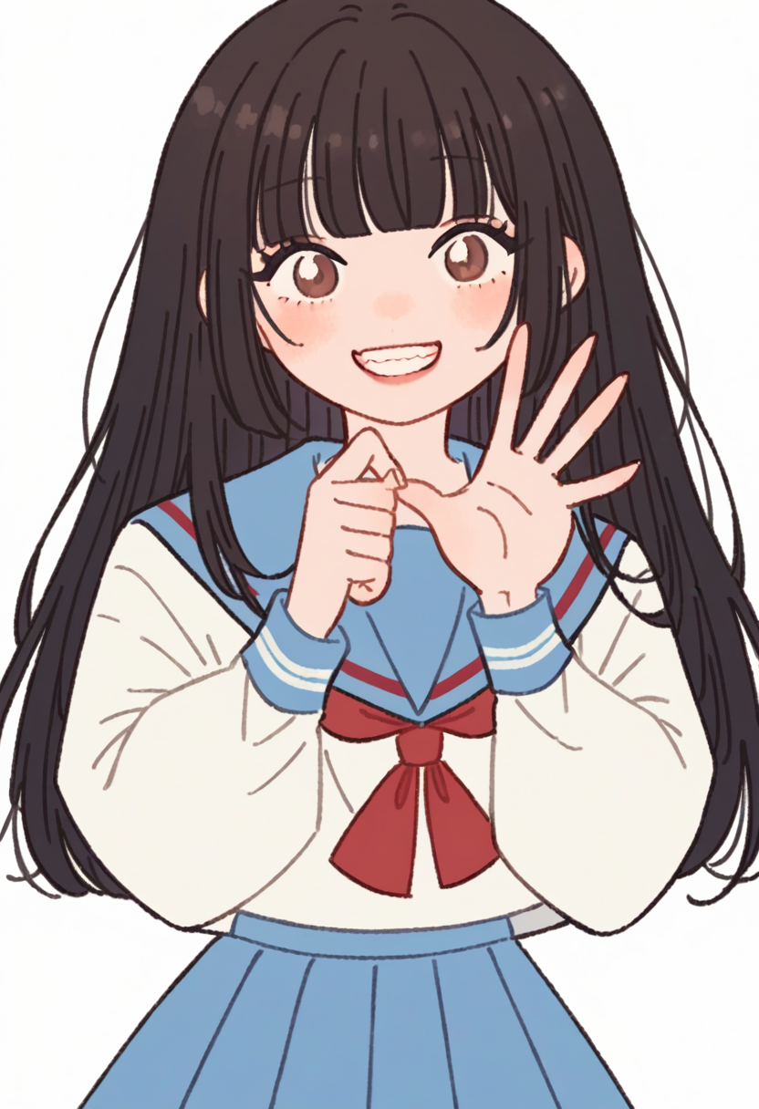 score_9, score_8_up, score_7_up, score_6_up, source_anime, <lora:rikuwo_v0.3-pony:1>
1girl, solo, long hair, looking at viewer, blush, smile, bangs, skirt, simple background, brown hair, shirt, black hair, long sleeves, white background, brown eyes, school uniform, pleated skirt, teeth, serafuku, puffy sleeves, blunt bangs, sailor collar, blue skirt, neckerchief, hands up, eyelashes, blue shirt, red neckerchief, puffy long sleeves, white sailor collar, dot nose, straight-on, pointing at self, blue serafuku