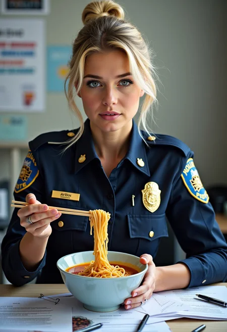 (masterpiece), best quality, expressive eyes, perfect face
(((Large breasts)))
Visualize a dedicated blonde female police officer, her crisp uniform neatly pressed, adorned with badges and insignia that represent her commitment and service. Her shoulder-length hair is tied back in a practical ponytail, keeping it out of her face as she works.
She's sitting at her work desk, which is a whirlwind of activity. Papers, reports, and files are scattered across the surface, interspersed with a few pens and a police radio. Despite the chaos, there's an air of purposefulness—each document is a part of her mission to maintain order and safety.
In the midst of this bustling scene, she takes a moment to nourish herself with a bowl of ramen. The steam rises from the bowl, carrying the savory aroma of the broth. She holds the chopsticks deftly, lifting a mouthful of noodles, and for a brief moment, her expression softens, finding a small comfort in the warm meal.
The combination of her professional dedication and the simple pleasure of her meal creates a vivid snapshot of her life—balancing the demands of her duty with moments of personal care.