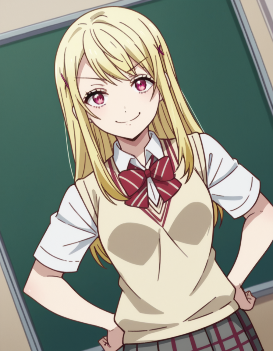 score_9, score_8_up, score_7_up, source_anime, <lora:urara-shiraishi-s1-ponyxl-lora-nochekaiser:1>, urara shiraishi, long hair, blonde hair, pink eyes, hair clip, x hair ornament,, skirt, bow, school uniform, jacket, plaid, plaid skirt, sweater vest, shirt, white shirt, collared shirt,, indoors, smug, smile, looking at viewer, solo, hands on hips,, cowboy shot, dutch angle