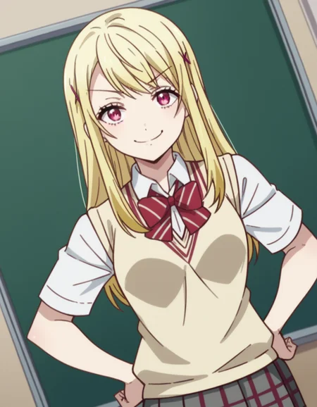 score_9, score_8_up, score_7_up, source_anime, <lora:urara-shiraishi-s1-ponyxl-lora-nochekaiser:1>, urara shiraishi, long hair, blonde hair, pink eyes, hair clip, x hair ornament,, skirt, bow, school uniform, jacket, plaid, plaid skirt, sweater vest, shirt, white shirt, collared shirt,, indoors, smug, smile, looking at viewer, solo, hands on hips,, cowboy shot, dutch angle